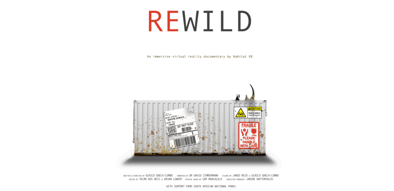 Poster for the virtual reality documentary 'REWILD' showing a shipping container with dirt stains and caution signs, and animal horns peeking from behind it.